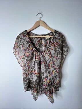 Postella Taupe Floral Blouse with Pink & Yellow Accents